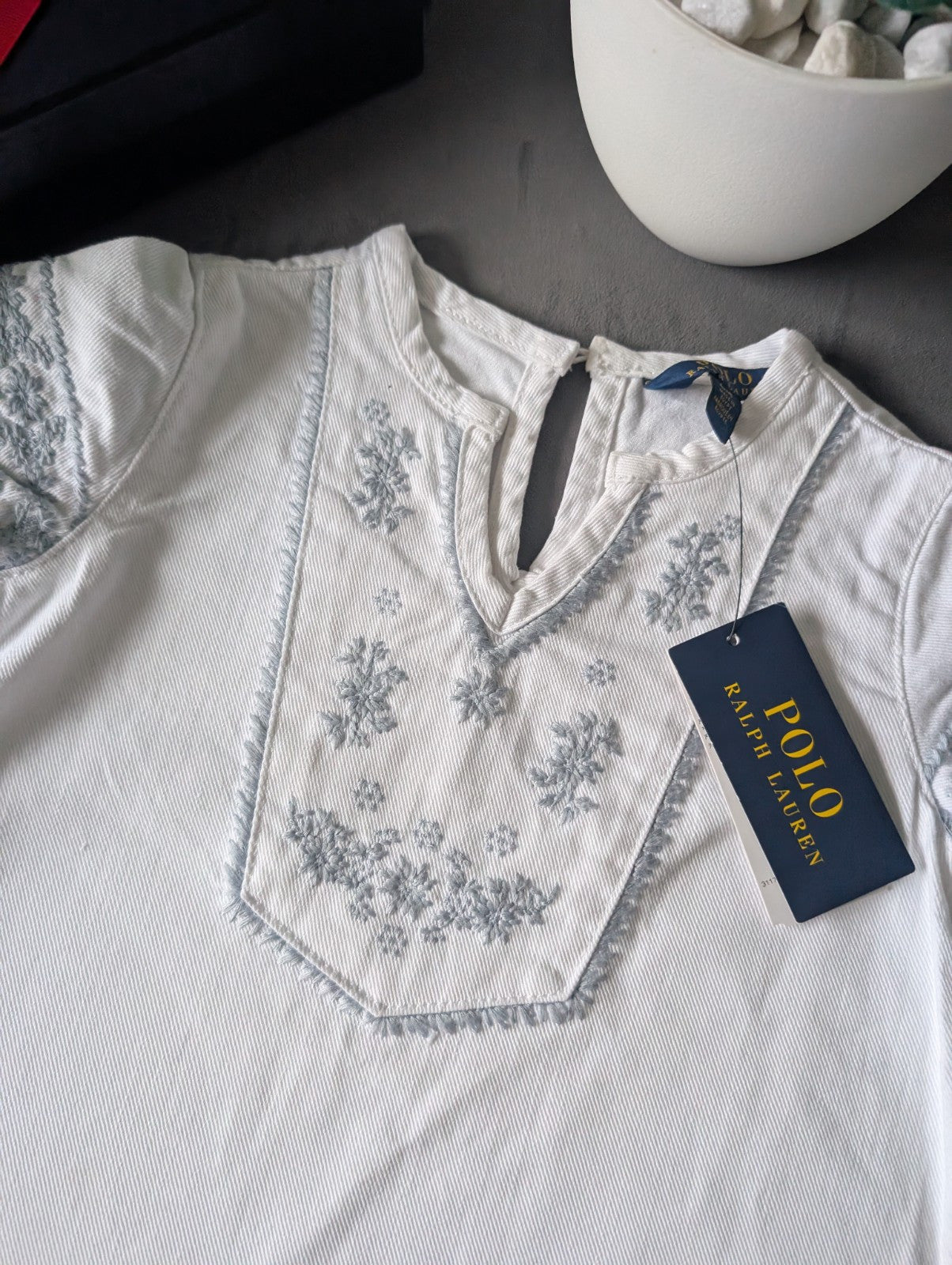 New Ralph Lauren Baby Girls Denim Kaftan Dress White Embroidery Occasion 3-4y