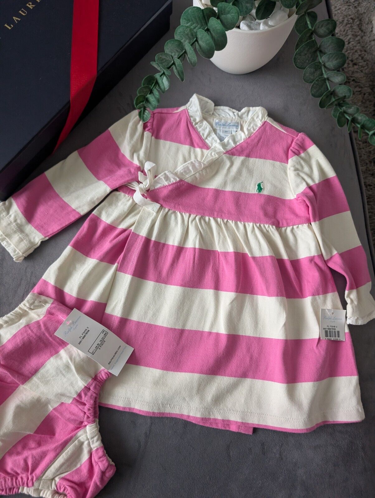 New Stunning Ralph Lauren Baby Girls Pink White Stripe Dress + Bloomer 6-9m Gift