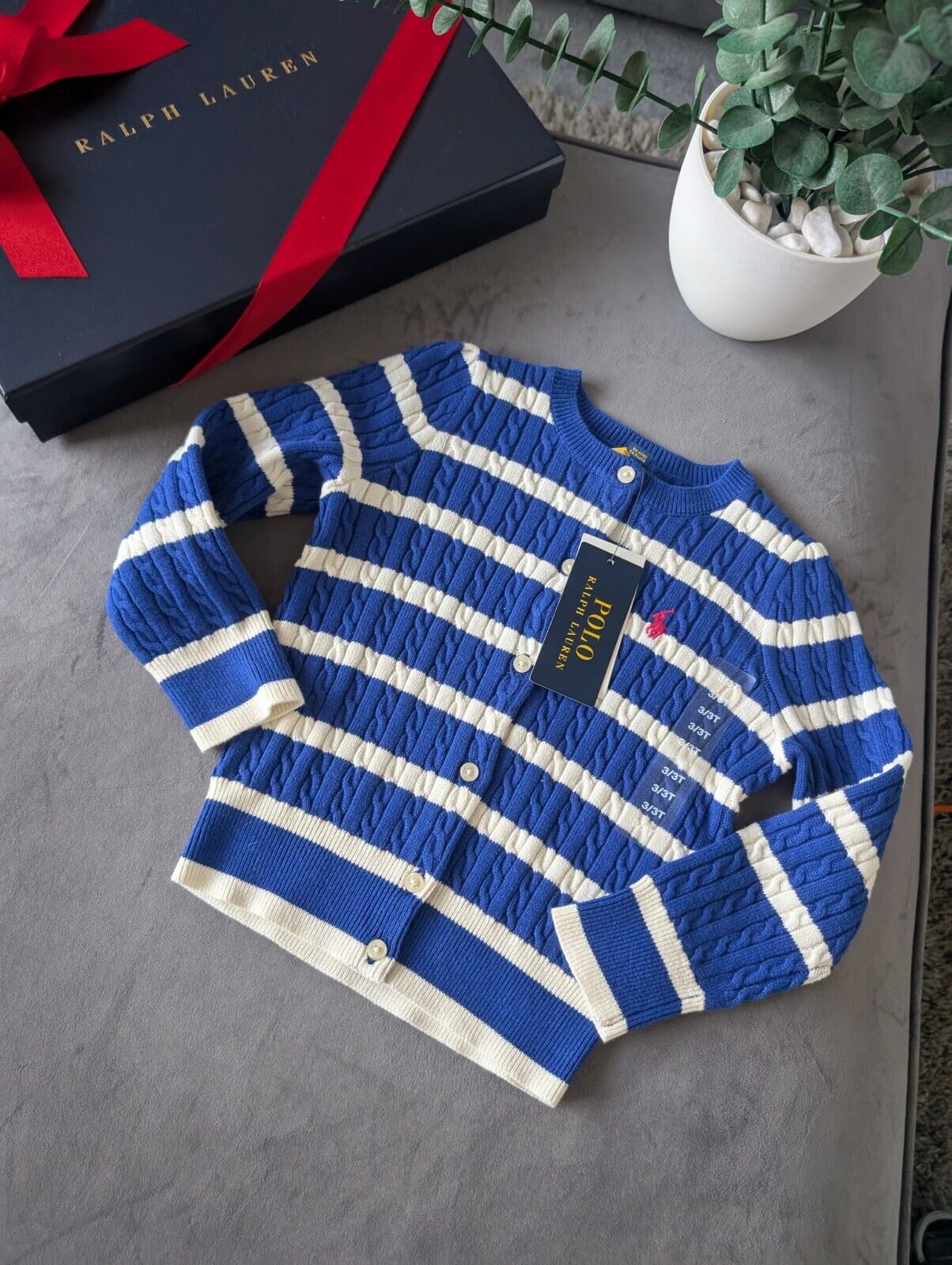 New Ralph Lauren Girls Knitted Cardigan 3 Years BNWT Blue Navy White Stripe Gift