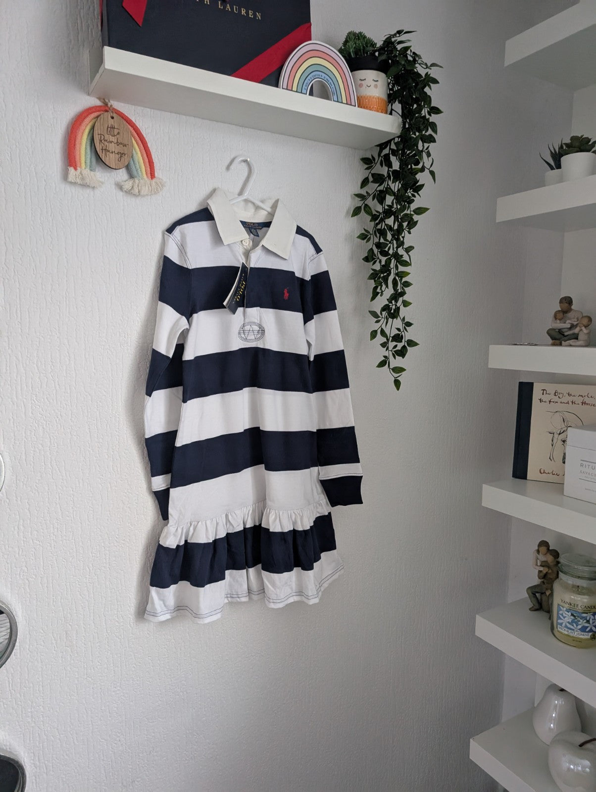 New Ralph Lauren Polo Rugby Style Stripe Dress Navy Blue Size Girls M 8-10 Gift