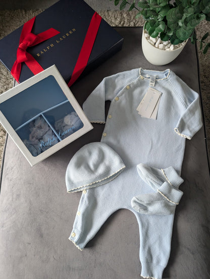 New Ralph Lauren Boys New Baby 3 Piece Gift Set Stripe  6-9 m BlueRRP £115