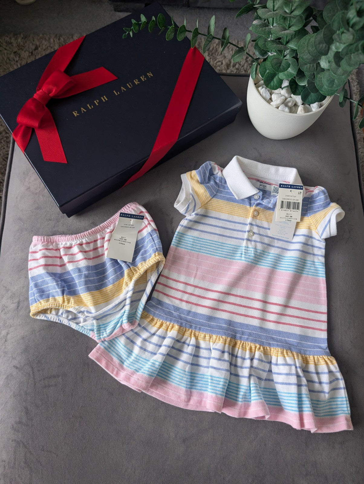 New Ralph Lauren baby girls pink white stripe frill Multi Dress gift 3-6m pretty