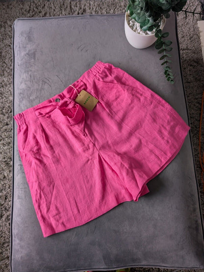 New Women's BODEN 100% Linen Bright Pink Shorts UK 12 Pink Tie Belt Summer