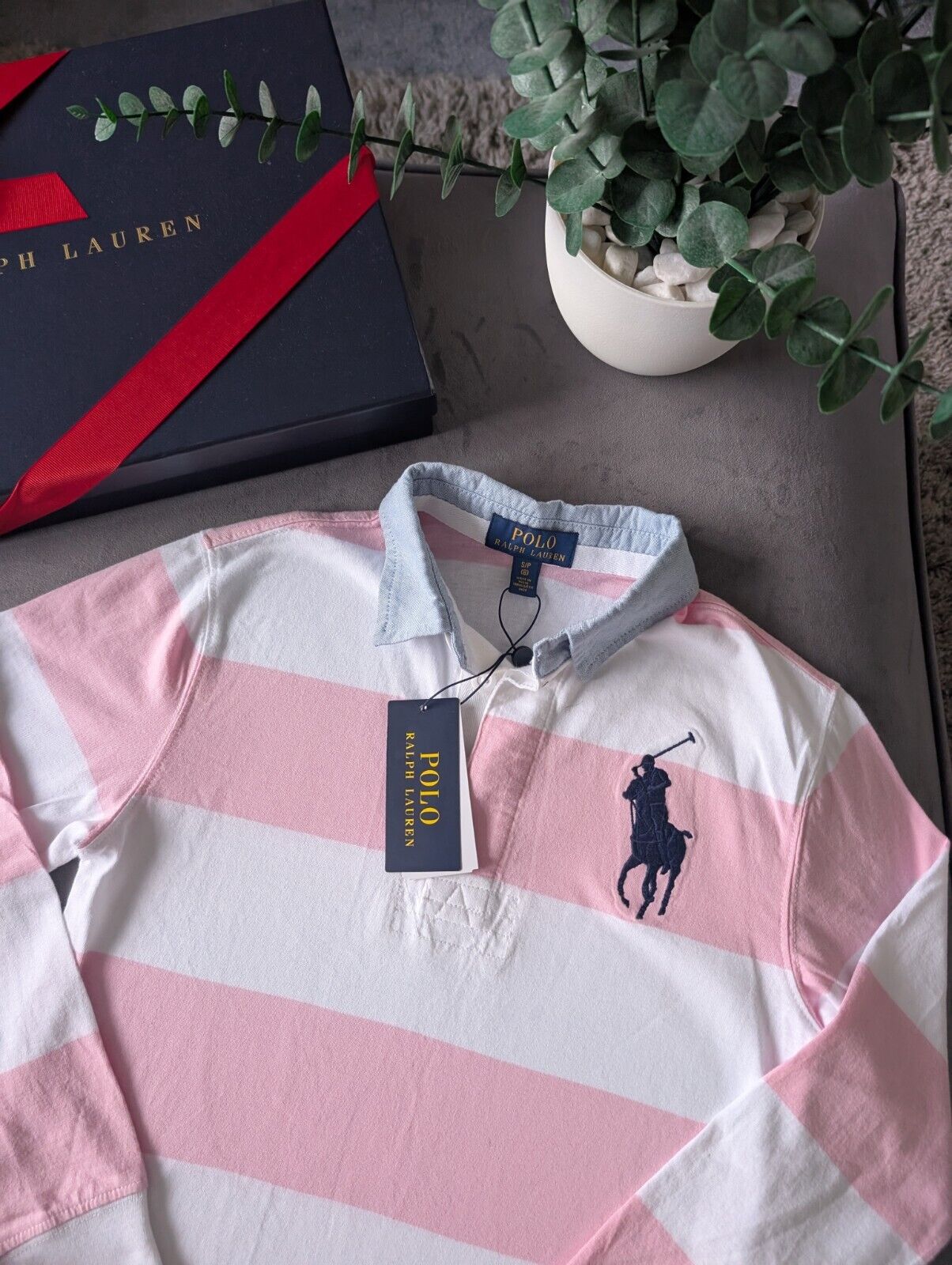 New Ralph Lauren Boys Iconic Pink White Stripe Long Sl Polo Shirt Smart Gift 8y