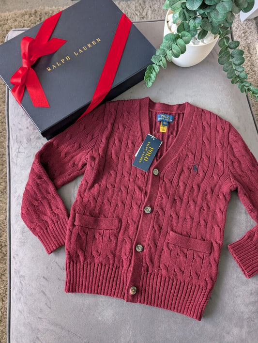 New Ralph Lauren Unisex Kids Cable Knit Burgundy Cardigan chunky Knit Age 6 Gift