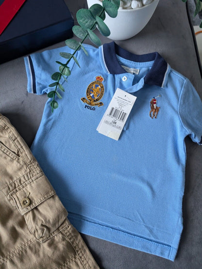 New adorable Ralph Lauren boys Polo Shirt Blue  + Chino Trousers Age 12m Gift