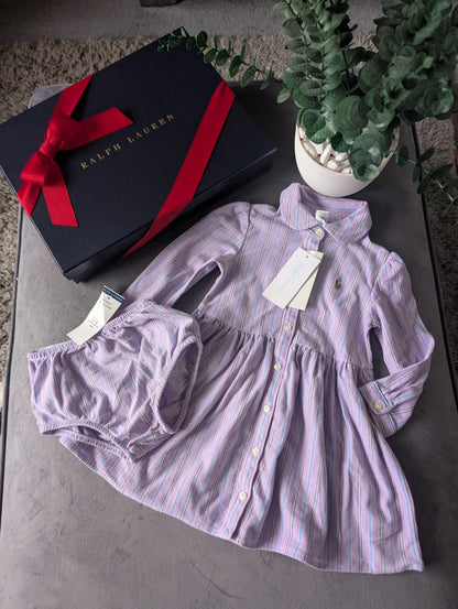 New Ralph Lauren Baby Girl Oxford Mesh Dress & Bloomer Lilac White 12-18m Gift