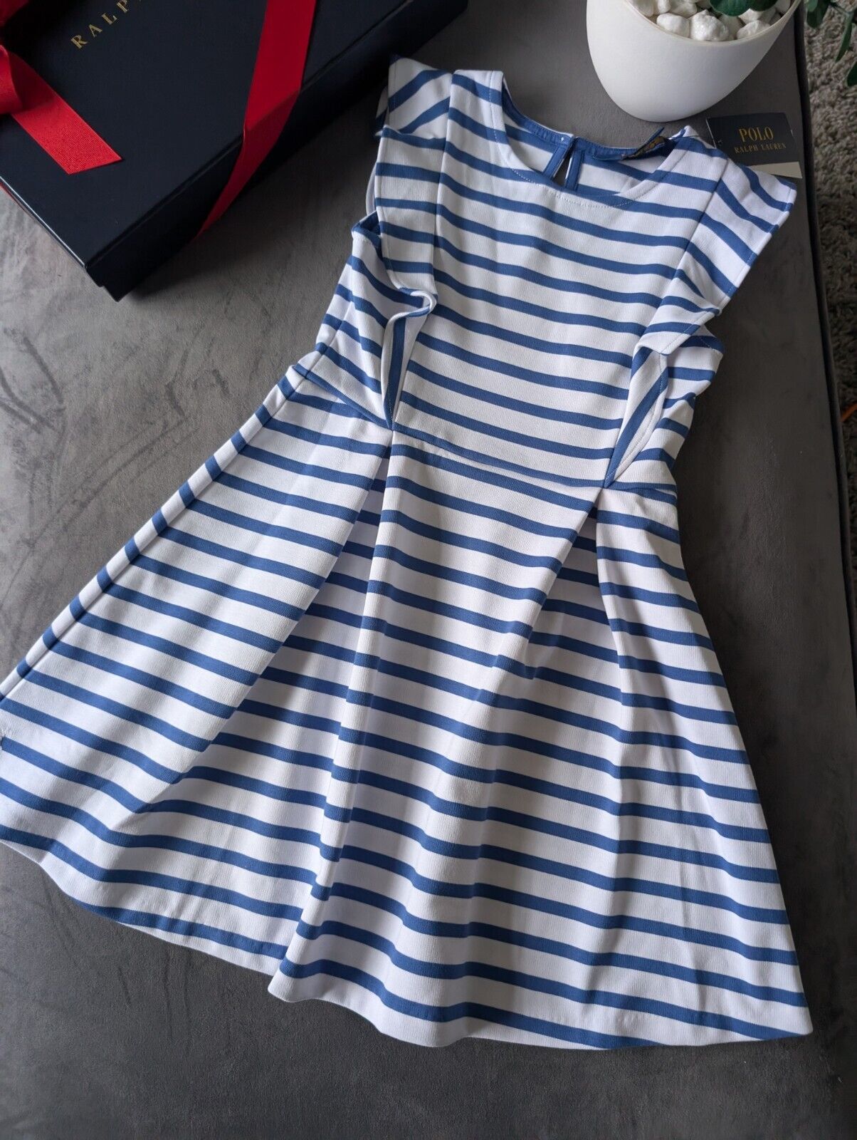 New Ralph Lauren Girls White Navy Stripe Polo Frill Stripe Ribbed Dress Gift 6yr