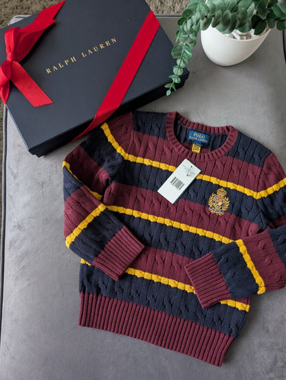 New Boys Ralph Lauren Red cable knit long sleeve jumper autumn winter 5 Stripe