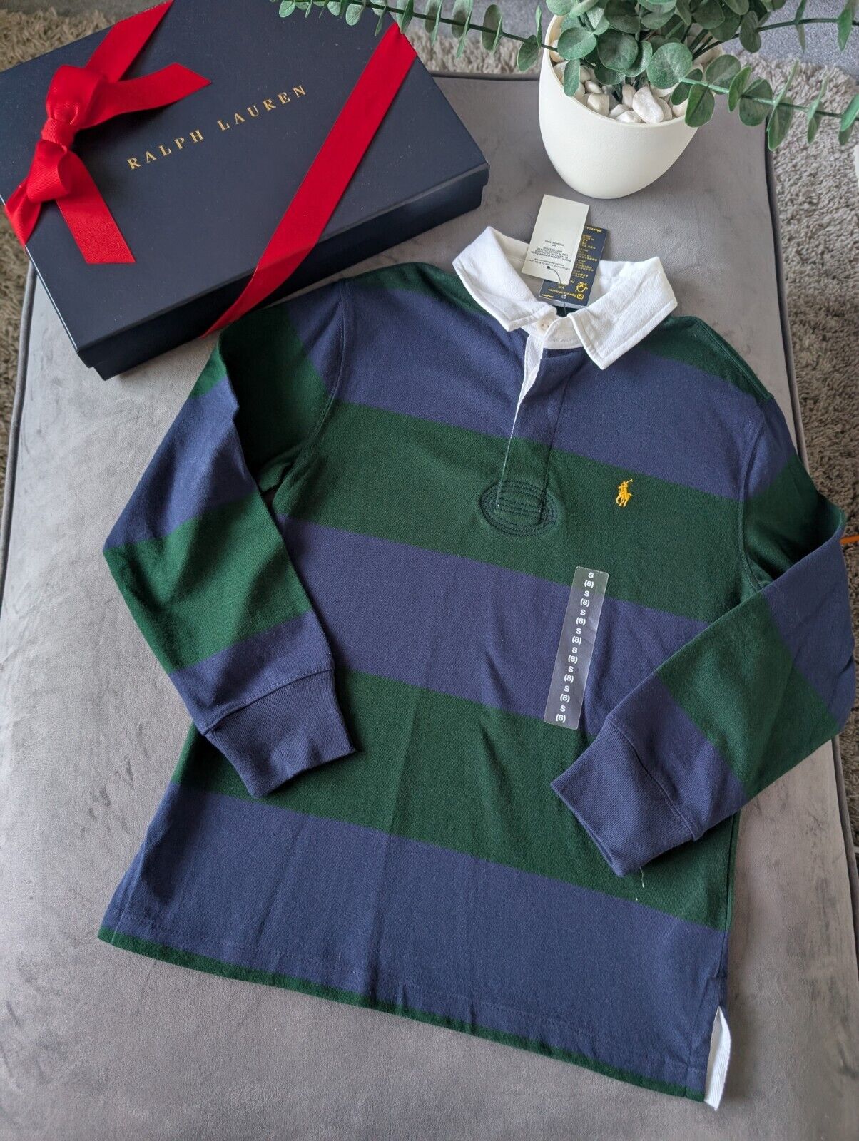 New Ralph Lauren Boys Rugby Style Stripe Long Sleeve Polo Green Navy 8 y Boys