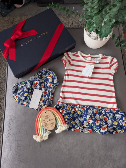 New Ralph Lauren Stripe Floral Baby Girls Frill  Polo Dress 3-6 Months Gift 2pc