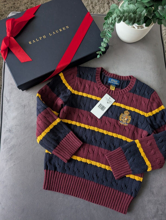 New Boys Ralph Lauren Red cable knit long sleeve jumper autumn winter 5 Stripe