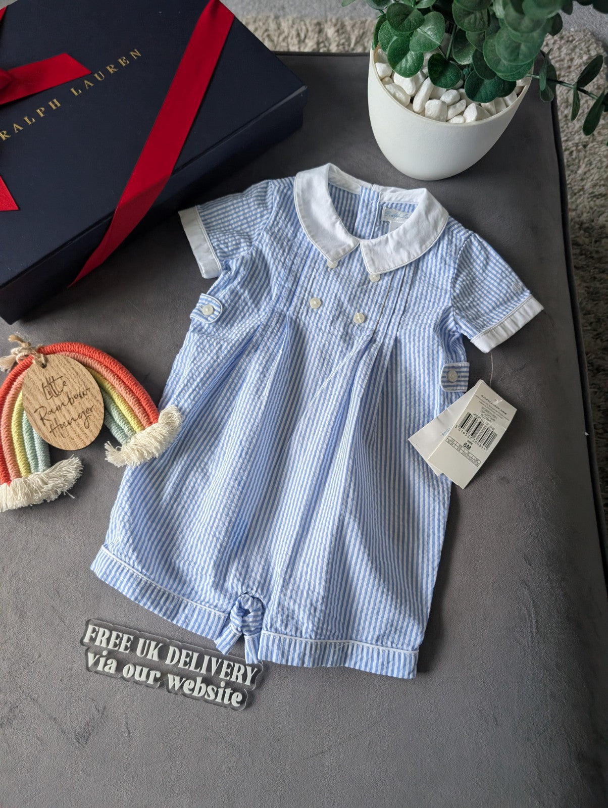 New Ralph Lauren Baby Boy Checked Blue Romper 3-6m Gift Cute Summer Luxury