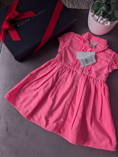 New Girls Polo Ralph Lauren Gorgeous Plain  Dress Oxford Neon Pink 12-18m Smart