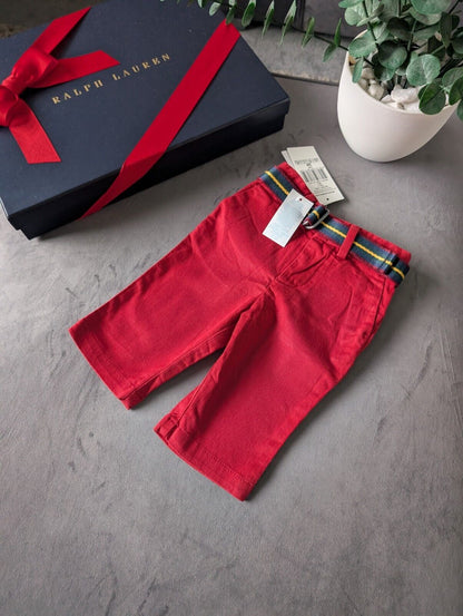 New Ralph Lauren Baby Boys Smart Chino Trousers Belted Gift Occasion 0-3m Red