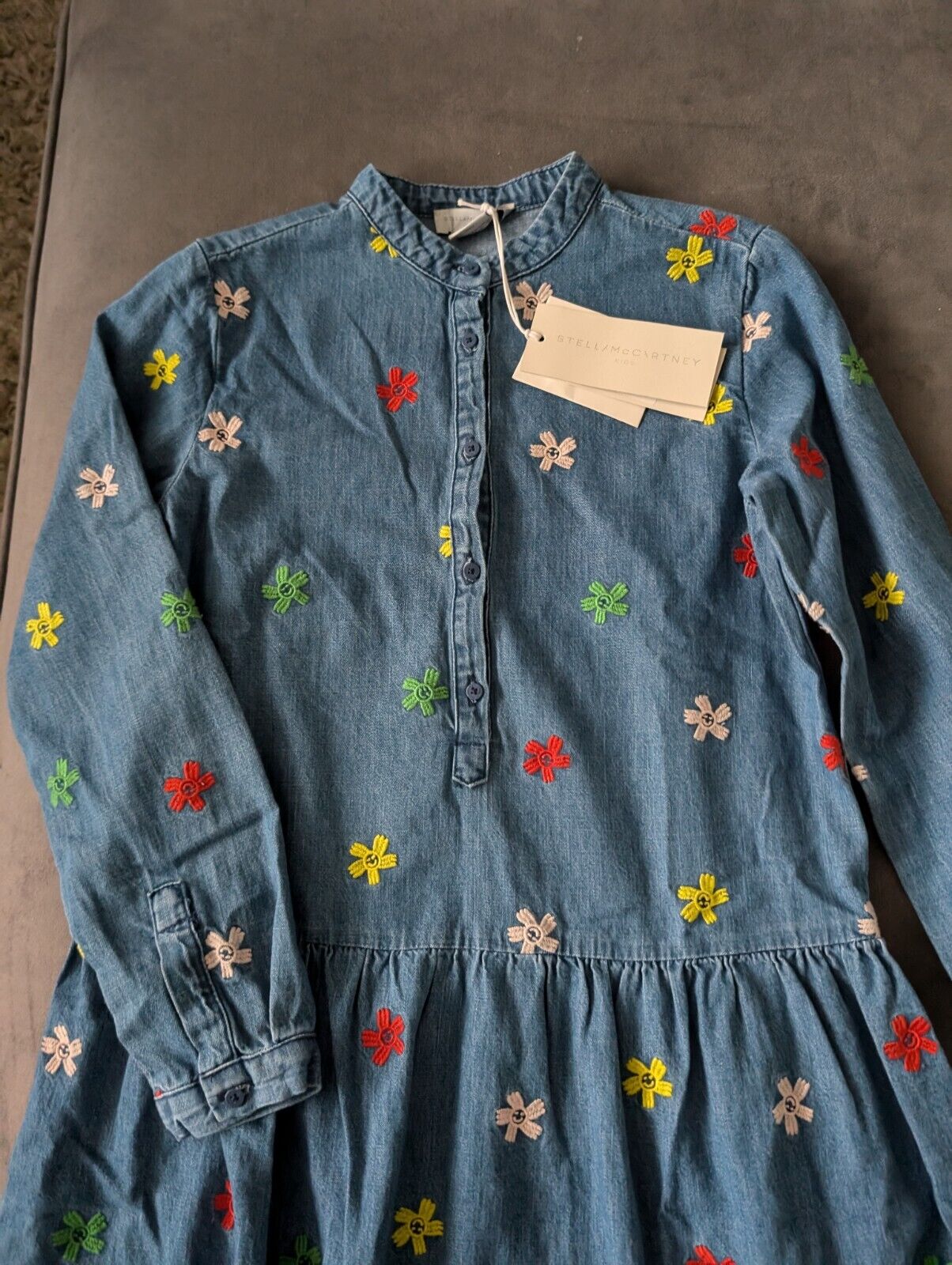 New Stella McCartney kids denim tiered smiley flowers dress embroidered 8/9 yrs