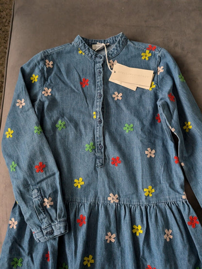 New Stella McCartney kids denim tiered smiley flowers dress embroidered 8/9 yrs