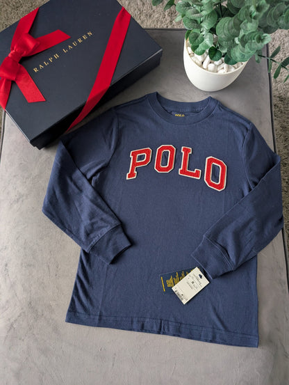 New Ralph Lauren Boys Navy Smart Pony Logo Ralph T Shirt Long Sleeve 5-6yrs