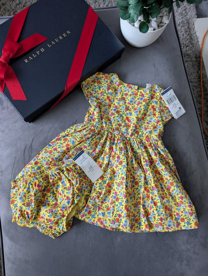 New Ralph Lauren Girls Floral Fully Lined Pretty Party Dress 9m Gift Yellow