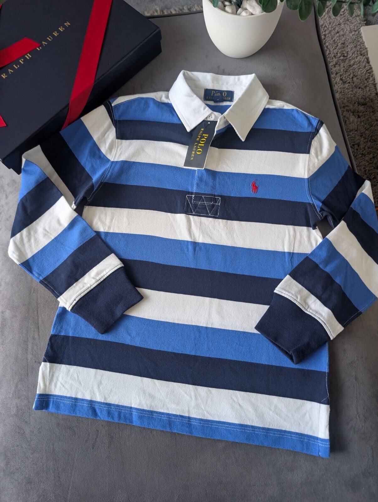 New Ralph Lauren Boys Rugby Style Stripe Long Sleeve Polo Blue White  8y Boys