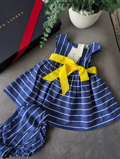 New Ralph Lauren Baby Girls Navy Polka Dot Spotty Dress 3-6m Stripe Gift Cute