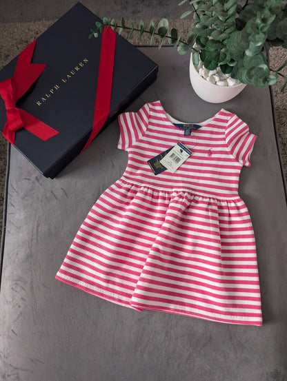 New Stunning Girls Ralph Lauren Pink Ribbed Stripe Dress Occasion Age 2 Gift