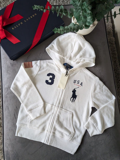 New Boys Ralph Lauren White Hoodie Polo Top American Flag Smart Age 5 Gift