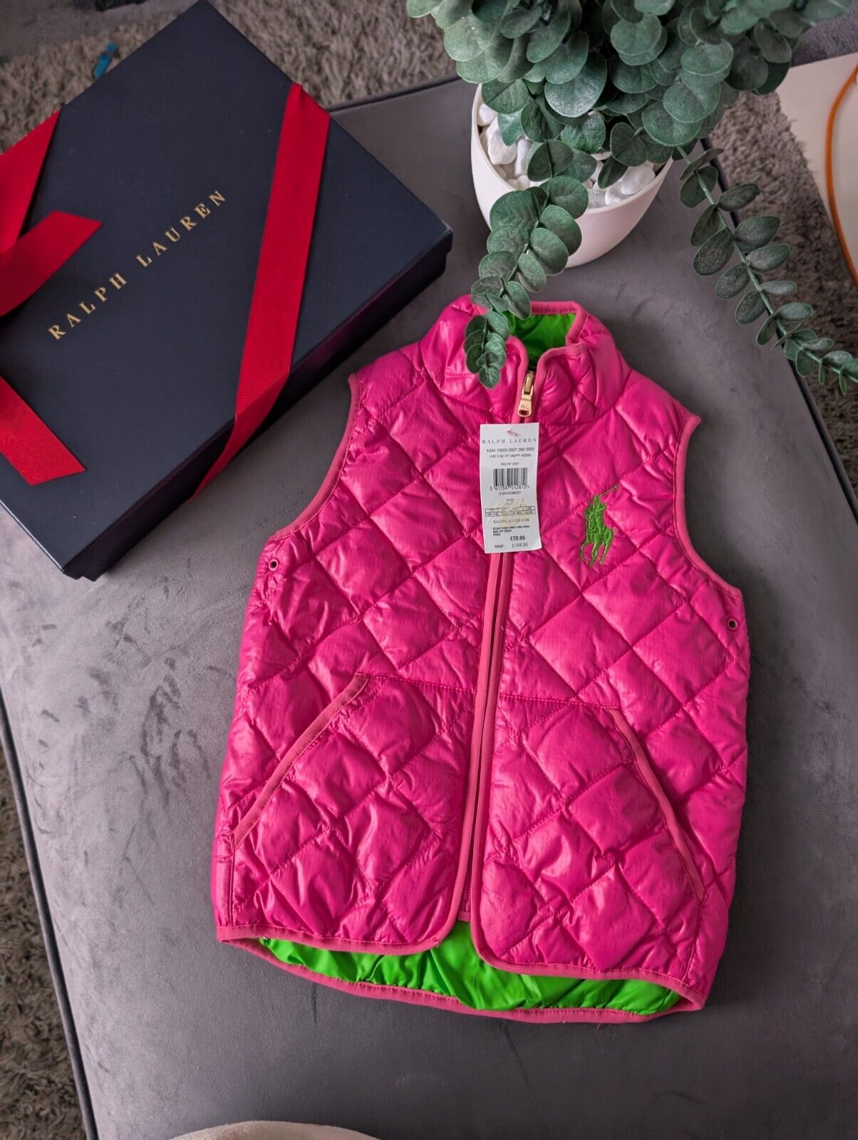 New Ralph Lauren Girls Bright Pink Green Quilted Gilet Bodywarmer Age 5 Gift