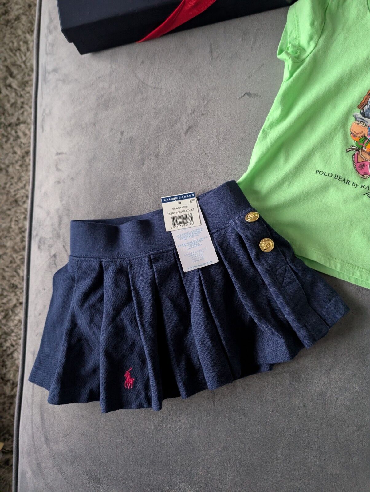 New Ralph Lauren Girls Green Bear T Shirt And Navy Skort Pleated Outfit 12m Gift