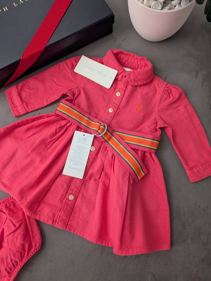 (Copy) Ralph Lauren Polo girls buttoned Oxford Shirt dress Pink Belt Yellow 0-3m Gift