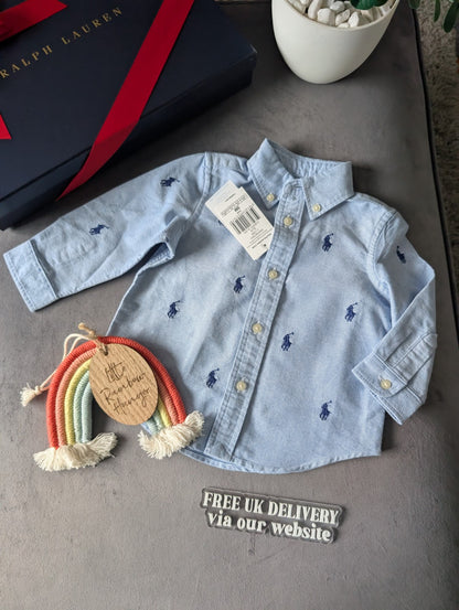 New Ralph Lauren Baby Boy Blue Embroidery Pony Shirt Smart Baby 6-9m Occasion