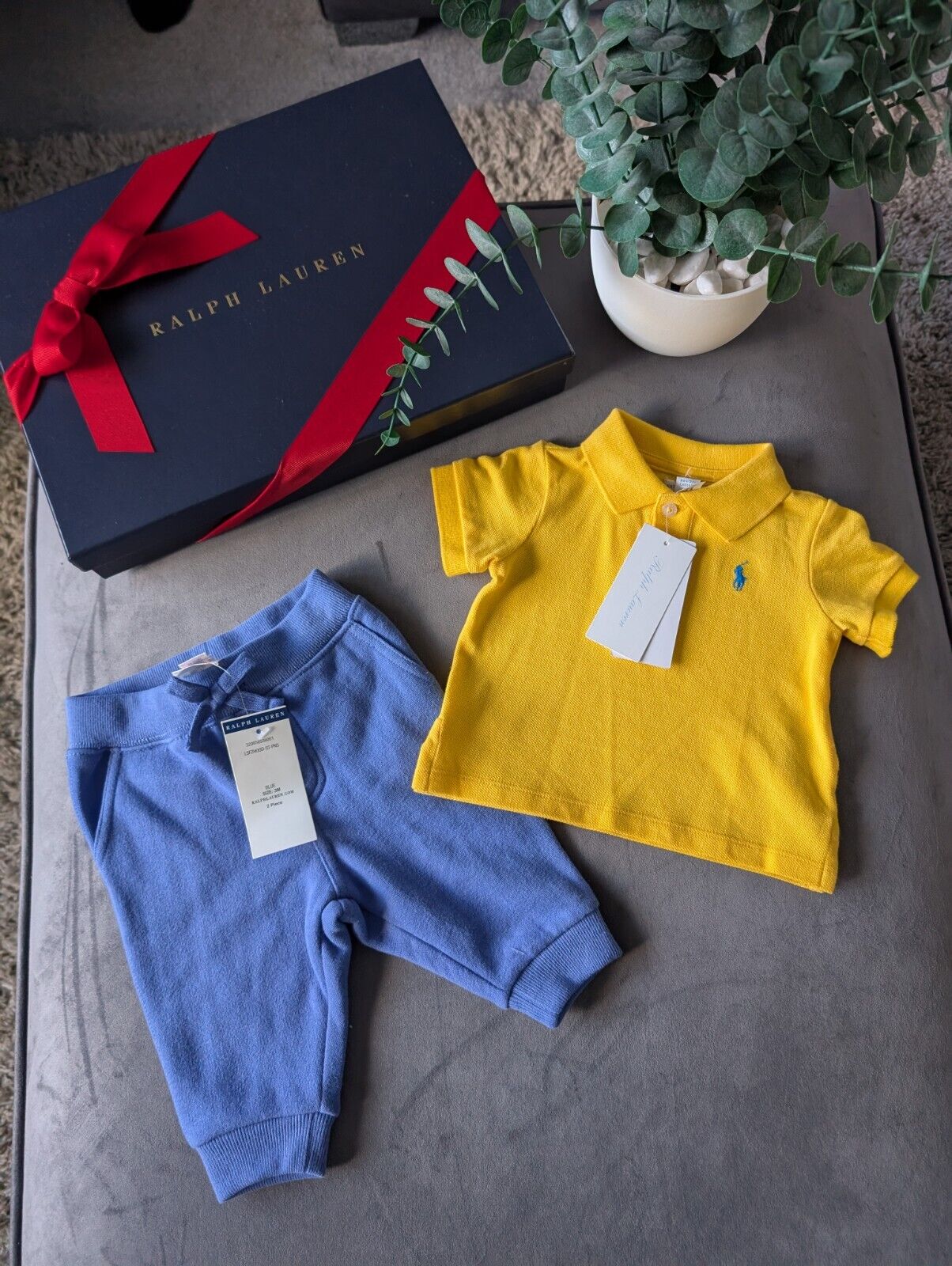 New adorable Ralph Lauren boys Yellow Polo Shirt + blue Jogger set 0-3m Cute