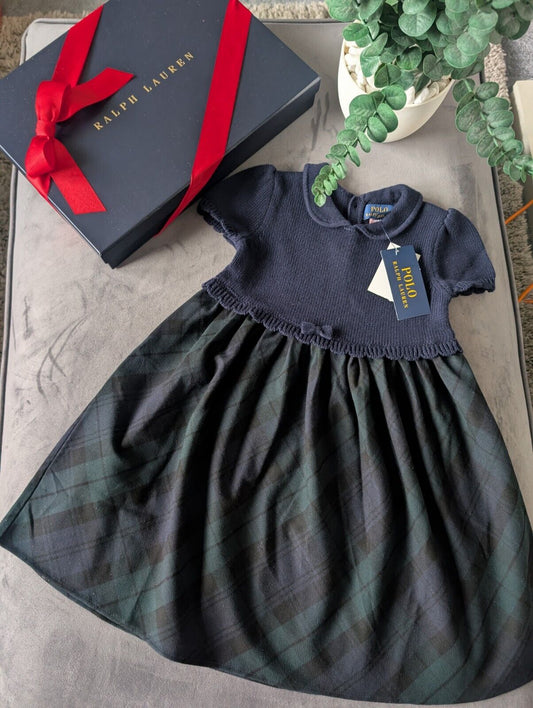 New Ralph Lauren Tartan Plaid Pretty Green Navy Knit Bow Dress Gift 4y Rrp £125