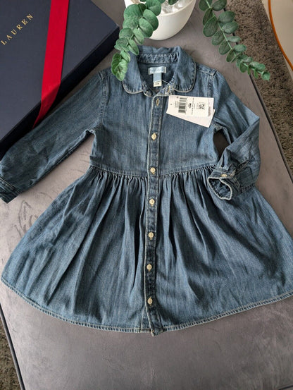 New Ralph Lauren girls denim style shirt dress occasion 18m Baby Winter  £90