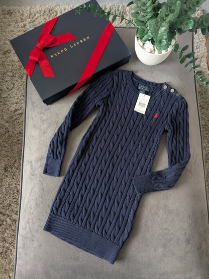 New Polo Ralph Lauren Girls Cable Knit Blue Crew Neck Dress 6y Navy Gift Smart