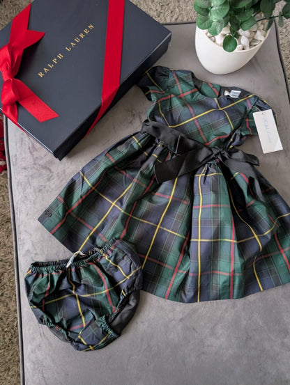 New Ralph Lauren Girls Tartan Plaid Pretty Green Vincenza Dress Gift 12m