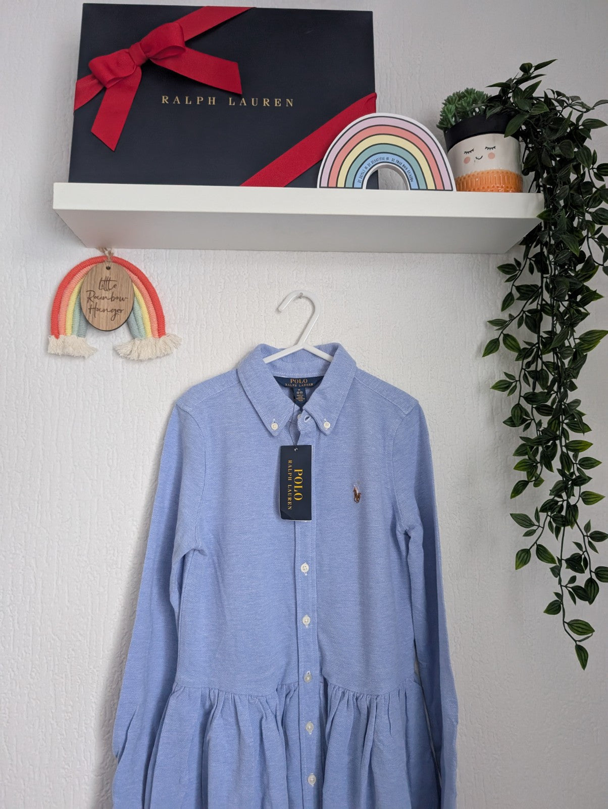 New Ralph Lauren Blue Embroided Logo Smart Formal Cotton Oxford Shirtdress 8yr