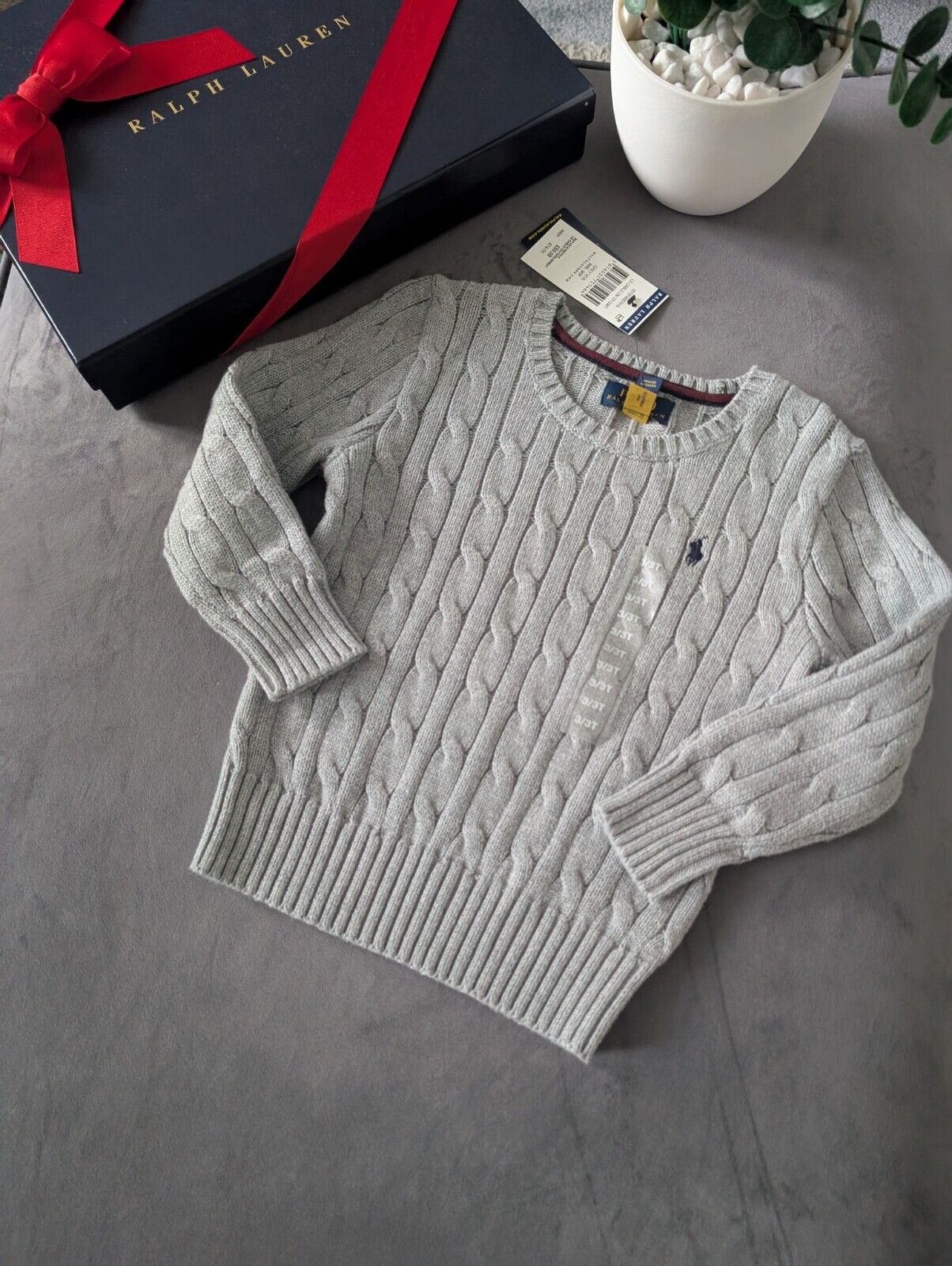 New Boys Ralph Lauren Grey Cable knit long sleeve jumper autumn winter 3 Stripe