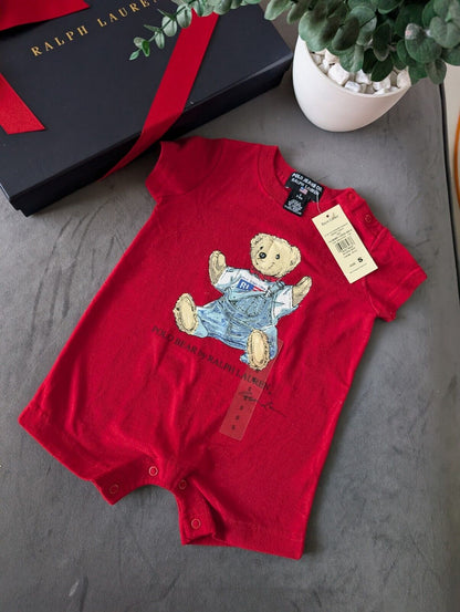 New Vintage Ralph Lauren Polo Jeans Bear Romper Baby Boy Red Cute Gift 3-6m