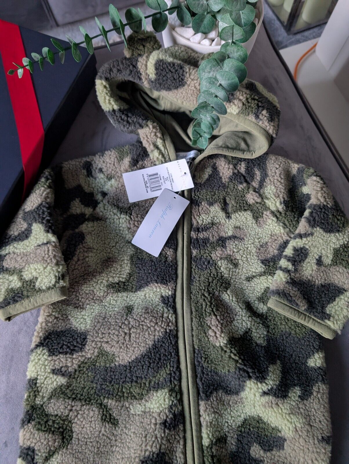 New Ralph Lauren baby boys faux shearling bear all in one snowsuit Army gift 6-9