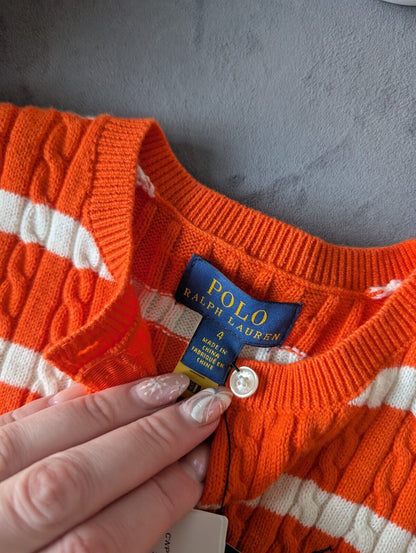 New Ralph Lauren Girls Knitted Cardigan 4 Years BNWT Orange White Stripe Gift