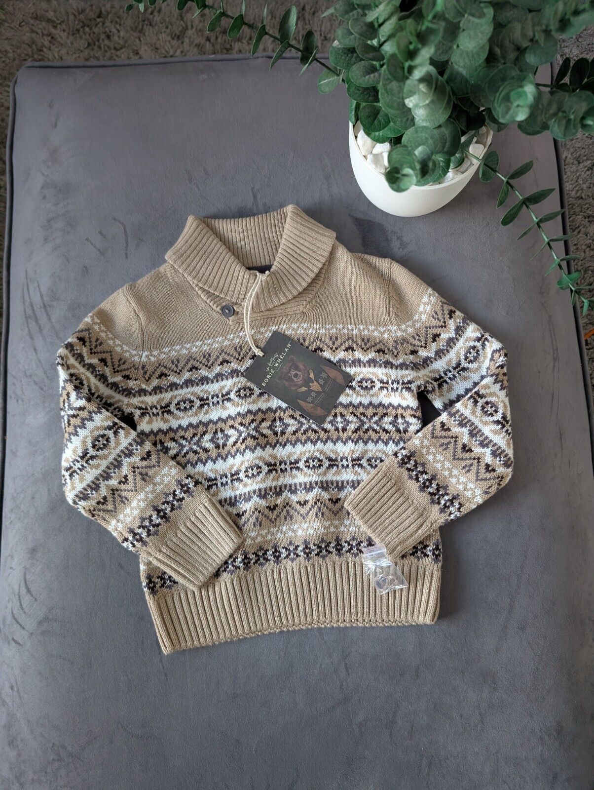 New Stunning Rorie Whelan Beige Brown Aztec Knit Jumper 1-2y Gift Kids Fair Isle