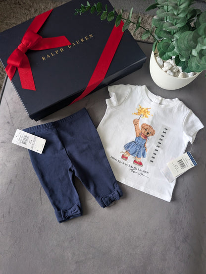 New Ralph Lauren Girls Spark Bear Top + Bow Legging Set Gift Summer Cute 0-3m