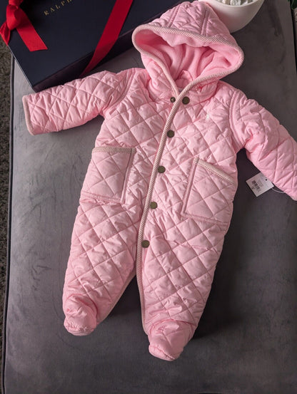 New ralph lauren Baby Pink quilted fleece lined pram suit snowsuit 0-3m Gift