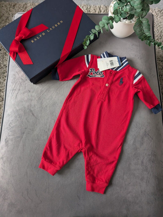 New Adorable Ralph Lauren Boys Navy Stripe Coverall All In One Red Baseball 0-3m