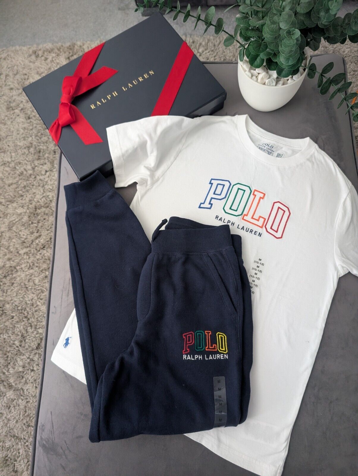 New Ralph Lauren Boys Kids Top + Jogger White Navy Embroided Logo Pony 10yr Gift