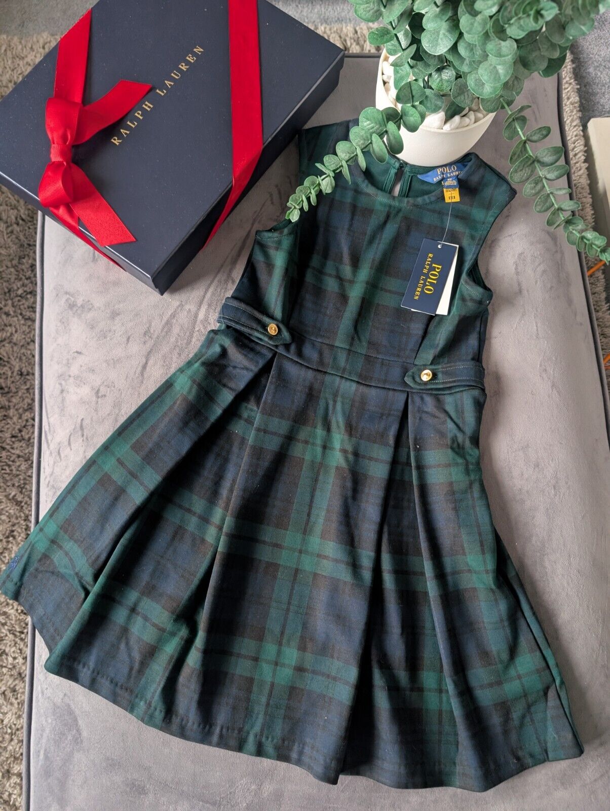 New Ralph Lauren Girls Gorgeous Tartan Green Pleated Ponte Dress Age 6x £125