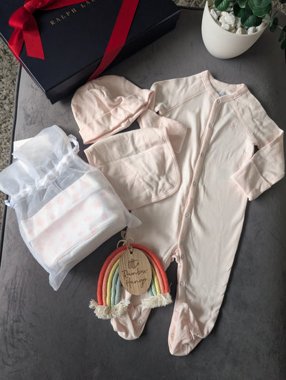 New Ralph Lauren Baby Pink Gift Set Basket Bear Romper Hat + Bib 3-6m Girls 3pc