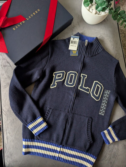 New Boys Ralph Lauren Navy Polo Logo Full Zip Jacket Knit Chunky 10-12yrs