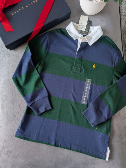 New Ralph Lauren Boys Rugby Style Stripe Long Sleeve Polo Green Navy 8 y Boys